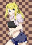  1girl :d bandeau blonde_hair blue_eyes blush breasts checkered checkered_background cleavage cowboy_shot cutoffs earrings fullmetal_alchemist highres jewelry kitsune_(koma) long_hair midriff navel open_clothes open_mouth open_shirt ponytail shirt smile solo winry_rockbell 