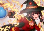  1girl :d artist_name black_cape black_gloves black_hat brown_hair button_eyes cape collarbone fingerless_gloves fire foreshortening gem gloves hat holding_staff kono_subarashii_sekai_ni_shukufuku_wo! looking_at_viewer megumin nekonase open_mouth outstretched_arm red_eyes smile solo sphere staff witch_hat 
