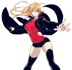  1girl ass_visible_through_thighs bangs black_boots black_jacket black_legwear black_shorts blonde_hair boots breasts eyebrows eyebrows_visible_through_hair floating_hair genderswap genderswap_(mtf) izumi_kouhei jacket large_breasts legs_apart long_hair long_sleeves looking_at_viewer open_clothes open_jacket outstretched_arms palms pepper_fever shade shirt shorts simple_background sketch solo spread_arms standing t-shirt thigh-highs thigh_boots uniform white_background world_trigger yellow_eyes zettai_ryouiki 