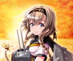  1girl braid breasts brown_hair chou-10cm-hou-chan_(teruzuki&#039;s) clothes_writing gloves grey_eyes hairband kantai_collection light_brown_hair long_hair neckerchief ocean propeller_hair_ornament school_uniform smile sun sunset teruzuki_(kantai_collection) tk8d32 torpedo turret twin_braids 