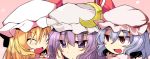  3girls :&lt; blue_hair closed_eyes crescent face fang flandre_scarlet hat hat_ribbon heart jitome mob_cap multiple_girls open_mouth patchouli_knowledge pink_background purple_hair red_eyes remilia_scarlet ribbon shirogane_(platinum) siblings silver_hair sisters smile touhou violet_eyes 
