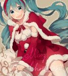  1girl :d blush bow breasts brown_background capelet christmas detached_sleeves dotted_line dress drill_hair english fur_trim green_eyes green_hair hair_between_eyes hairband hatsune_miku heart heart-shaped_pupils highres looking_at_viewer merry_christmas nail_polish open_mouth outline pecchii red_bow red_dress sack smile solo symbol-shaped_pupils thigh-highs twin_drills twintails vocaloid white_legwear 