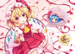  2girls bangs blonde_hair blue_hair blush chibi cookie flandre_scarlet food frilled_skirt frills from_above hat hat_ribbon heart heart_pillow leg_garter looking_at_viewer mob_cap multiple_girls open_mouth pillow puffy_short_sleeves puffy_sleeves red_eyes red_ribbon red_skirt remilia_scarlet ribbon riichu short_sleeves sitting skirt skirt_set touhou vest white_legwear wings wrist_cuffs 