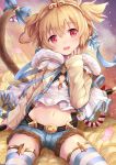  1girl :d anchira_(granblue_fantasy) bangs bell belt blonde_hair blue_bow blue_ribbon blue_shorts blush bow clouds crop_top detached_sleeves eyebrows eyebrows_visible_through_hair flying_nimbus fur_trim granblue_fantasy groin hair_between_eyes hair_ornament hairband highres horizontal-striped_legwear jacket jewelry jingle_bell long_sleeves looking_at_viewer midriff monkey_ears monkey_tail navel open_mouth petals pointy_hair red_eyes ribbon rope short_hair short_shorts shorts sitting sky small_breasts smile solo staff stomach striped striped_legwear tail tail_bell tail_bow thigh-highs two_side_up u_rin yellow_jacket 