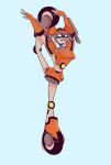 1girl alien armor avoidghost blue_eyes breasts flexible flexing gradient gradient_background highres humanoid_robot lickety_split light_blue_background medium_breasts orange_skirt pose robot shoulder_armor simple_background skirt smile solo stretching transformers transformers_animated
