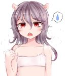  1girl animal_ears bangs bra buck_teeth collarbone commentary_request hair_between_eyes hair_ornament hairclip highres lavender_hair long_hair looking_at_viewer mouse_ears neit_ni_sei original red_eyes small_breasts solo strap_pull training_bra trembling underwear 