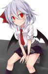  1girl akisome_hatsuka alternate_costume arm_support bat_wings clothes_around_waist contemporary dress_shirt fang_out lavender_hair miniskirt pleated_skirt pointy_ears red_eyes remilia_scarlet shirt sitting sketch skirt smile solo sweater_around_waist touhou uniform wings 