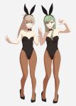  2girls :d animal_ears arm_up bare_shoulders black_bow black_bowtie black_shoes blue_eyes bow bowtie breasts brown_hair brown_legwear bunny_girl bunnysuit cleavage collarbone detached_collar fake_animal_ears full_body green_hair hair_ornament hairband hairclip hand_gesture headgear highres holding_hands interlocked_fingers kantai_collection kumano_(kantai_collection) leotard long_hair looking_at_viewer multiple_girls open_mouth pantyhose ponytail rabbit_ears shoes smile standing strapless strapless_leotard suzuya_(kantai_collection) tareme touyama_eight v wrist_cuffs 