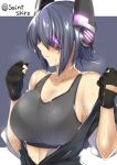  1girl breasts cleavage eyepatch hair_over_one_eye headgear kantai_collection large_breasts satorisu serious short_hair simple_background solo sweat tank_top tenryuu_(kantai_collection) toned undressing 