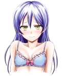  1girl absurdres blue_bra blue_hair blush bra breasts cleavage embarrassed highres kyuusenbinore_(gavion) long_hair looking_at_viewer love_live!_school_idol_project ribbon solo sonoda_umi underwear yellow_eyes 