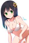  1girl all_fours artist_name bare_arms bare_legs bare_shoulders barefoot bikini black_hair blue_hair blush breasts cleavage collarbone dated gradient_hair green_eyes hair_ornament hairpin long_hair looking_at_viewer midriff multicolored_hair navel original ragho_no_erika ribbon simple_background smile solo star stomach swimsuit tareme white_background white_bikini white_ribbon 
