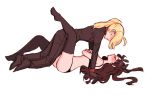  2girls blonde_hair blush brown_hair closed_eyes commentary dashingicecream fate/stay_night fate_(series) formal gloves multiple_girls saber suit thigh-highs toosaka_rin underwear underwear_only yuri 