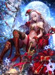  1girl age_of_ishtaria ahoge bikini_top black_legwear blue_eyes boots bow breasts building cleavage company_name dutch_angle english full_moon fur_trim hair_ornament hat holding jname knee_boots long_hair looking_at_viewer moon plant red_boots red_bow red_ribbon ribbon sack santa_hat sitting snowflakes solo strap_slip thigh-highs vines watermark white_hair window windowsill 