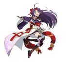  1girl ahoge armpits bike_shorts black_shorts detached_sleeves hair_ribbon highres holding holding_sword holding_weapon japanese_clothes long_hair midriff navel official_art open_mouth purple_hair purple_skirt red_eyes red_ribbon ribbon shorts shorts_under_skirt simple_background skirt smile solo sword sword_art_online sword_art_online:_code_register weapon white_background yuuki_(sao) 