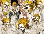  !! ... 1boy all_might bangs blonde_hair blue_eyes boku_no_hero_academia dust facepalm hand_on_own_cheek hand_on_own_chest highres karo_(tocoda965) laughing messy_hair multiple_views open_mouth shirt sitting sleeping spoken_ellipsis surprised teeth white_shirt 