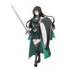  1girl armor black_hair boots character_request gloves green_skirt highres holding holding_shoes holding_sword holding_weapon long_hair official_art pleated_skirt shoes simple_background skirt solo spaulders sword sword_art_online sword_art_online:_code_register thigh-highs thigh_boots weapon white_background white_gloves yellow_eyes 