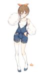  1girl arm_up asymmetrical_hair asymmetrical_legwear bare_shoulders blue_eyes blue_ribbon blush braid brown_hair closed_mouth denim detached_sleeves food fruit hair_ribbon hairband hand_in_hair hand_in_pocket kneehighs long_sleeves looking_at_viewer lp_(hamasa00) mandarin_orange orange_ribbon original overalls pocket puffy_long_sleeves puffy_sleeves ribbon shirt short_hair side_braid simple_background single_braid single_kneehigh single_thighhigh sleeveless solo tank_top thigh-highs walking white_background white_legwear white_shirt 