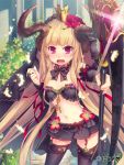  &gt;:d 1girl :d black_bow black_bowtie black_gloves black_skirt blonde_hair blush bow bowtie bridal_gauntlets bush crown elbow_gloves fang fingernails flower foreshortening garter_straps glint gloves hair_flower hair_ornament hintei_glasses holding holding_weapon horns long_hair looking_at_viewer midriff miniskirt navel open_mouth outdoors pillar plant pleated_skirt red_eyes red_flower scythe skirt small_breasts smile solo stomach thigh-highs tooth valhalla_valkyries zettai_ryouiki 