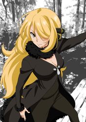  1girl black_coat black_pants blonde_hair breasts cleavage fur-trimmed_sleeves fur_collar fur_trim hair_over_one_eye highres long_hair long_sleeves looking_at_viewer outstretched_arm pants partially_colored pokemon pokemon_(game) pokemon_dppt shirona_(pokemon) solo very_long_hair yuukami_(wittsu) 