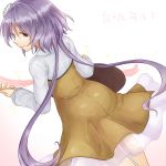  1girl ass back biwa_lute brown_dress character_name dress dutch_angle flower hair_flower hair_ornament instrument lavender_eyes lavender_hair long_hair long_sleeves looking_back low_twintails lute_(instrument) monrooru see-through shirt smile solo touhou tsukumo_benben twintails very_long_hair 