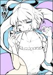  1girl ;p artist_name blue_eyes breasts collarbone dress frills hair_ornament hair_rings hair_stick half-closed_eye highres kaku_seiga large_breasts licking limited_palette looking_at_viewer one_eye_closed partially_colored short_hair short_sleeves solo taketora_suzume tongue tongue_out touhou 