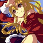  1girl arm_up bare_shoulders blonde_hair breasts brown_eyes calamity_jane detached_sleeves dress drill_hair enoo fur_trim long_hair long_sleeves looking_away lowres oekaki red_dress shading_eyes sidelocks smile solo wild_arms wild_arms_1 