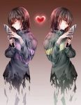  androgynous brown_eyes brown_hair chara_(undertale) closed_eyes frisk_(undertale) glowing gradient gradient_background heart knife parted_lips shichimi_(ftlvampire32) spoilers striped striped_sweater sweater symmetry turtleneck undertale upper_body 