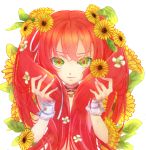  1boy big_hair cuffs flower green_eyes gudon_(syotakond) hair_flower hair_ornament highres jewelry long_hair looking_at_viewer marigold necklace original otoko_no_ko redhead solo sunflower twintails wrist_cuffs 