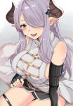  1girl bare_shoulders belt black_gloves black_panties blush braid breasts demon_horns elbow_gloves fingerless_gloves gloves granblue_fantasy grey_eyes hair_ornament hair_over_one_eye hair_ribbon hairclip highres horns large_breasts lavender_hair long_hair looking_at_viewer narumeia_(granblue_fantasy) nuko_(mikupantu) open_mouth panties pointy_ears revision ribbon sidelocks sitting smile solo teeth underwear 