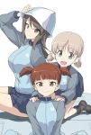  3girls aki_(girls_und_panzer) bangs blonde_hair blunt_bangs breasts brown_eyes brown_hair girls_und_panzer green_eyes grey_eyes hair_between_eyes hand_on_headwear hands_on_another&#039;s_shoulders harukon_(halcon) hat highres jacket kneeling large_breasts light_brown_hair long_hair looking_at_viewer low_twintails mika_(girls_und_panzer) mikko_(girls_und_panzer) multiple_girls pleated_skirt school_uniform short_hair short_twintails sitting sitting_on_object skirt smile tank_turret track_jacket twintails 