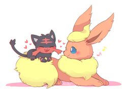  :3 ^_^ closed_eyes closed_mouth flareon heart highres litten_(pokemon) lovewolf5122 musical_note no_humans pokemon pokemon_(creature) pokemon_(game) pokemon_sm quaver smile 