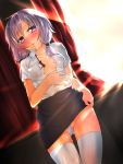  1girl ass_visible_through_thighs bangs black_skirt blush breasts covered_nipples dutch_angle looking_at_viewer low_twintails navel no_bra open_clothes open_mouth open_shirt pencil_skirt purple_hair shirasagi_rokuwa shirt short_hair_with_long_locks skirt solo sweat thigh-highs twintails violet_eyes vocaloid voiceroid white_legwear yuzuki_yukari 