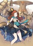  1girl blue_eyes bracelet cape clenched_hand dress glowing glowing_eyes granblue_fantasy hairband hanarito highres jewelry long_hair looking_at_viewer orange_hair red_eyes sara_(granblue_fantasy) skirt_hold sparkle 