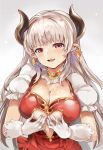  1girl alicia_(granblue_fantasy) blonde_hair blush breasts center_opening cleavage dress earrings gloves granblue_fantasy himuro_(dobu_no_hotori) horns jewelry large_breasts long_hair looking_at_viewer open_mouth pointy_ears puffy_short_sleeves puffy_sleeves red_eyes short_sleeves silver_hair smile solo white_gloves 
