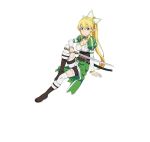  1girl blonde_hair breasts cleavage collar green_eyes hair_ornament highres holding holding_sword holding_weapon leafa long_hair looking_at_viewer official_art pointy_ears simple_background sitting smile solo sword sword_art_online sword_art_online:_code_register weapon white_background 