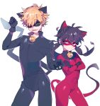  1boy 1girl adrien_agreste animal_ears annoyed arm_up bell black_gloves black_hair blonde_hair bodysuit cat_ears cat_tail catboy catsuit chat_noir contrapposto cowboy_shot crossed_arms domino_mask elbow_gloves expressionless fang gloves half-closed_eyes highres inhye kemonomimi_mode ladybug_(character) magical_girl marinette_dupain-cheng mask miraculous_ladybug paw_pose pose simple_background superhero tail tooth white_background 