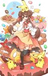  1girl :3 apron black_legwear blue_eyes brown_hair candy cupcake double_bun doughnut dress food hiro_(14806390) kneehighs lollipop mei_(pokemon) open_mouth pikachu pokemon pokemon_(creature) pokemon_(game) pokemon_bw2 smile tray twintails 