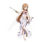  1girl asuna_(sao) brown_eyes brown_hair highres holding long_hair midriff navel official_art pointy_ears simple_background smile solo sword_art_online sword_art_online:_code_register titania_(sao) white_background 