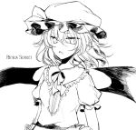  1girl bat_wings bow bowtie character_name commentary_request dress fang frilled_shirt_collar frilled_sleeves frills greyscale hat hat_ribbon looking_at_viewer mob_cap monochrome nazuka_(mikkamisaki) open_mouth puffy_short_sleeves puffy_sleeves remilia_scarlet ribbon sash short_hair short_sleeves sketch solo touhou upper_body wings 