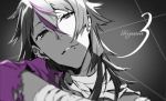  1boy bandages copyright_name ear_piercing highres hisomu_yoshiharu kiznaiver lip_piercing looking_at_viewer male_focus monochrome multicolored_hair number parted_lips piercing solo spot_color streaked_hair torn_clothes upper_body yoneyama_mai 