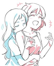  2girls 7zu7 blue closed_eyes hug idolmaster idolmaster_million_live! kitazawa_shiho laughing multiple_girls pink shirt sleeveless smelling spooning vest white_background yabuki_kana yuri 