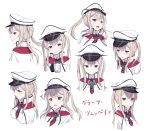  1girl angry black_gloves blank_eyes blonde_hair blue_eyes blush capelet cnm coffee_cup determined embarrassed expressionless expressions gloves graf_zeppelin_(kantai_collection) happy hat head_tilt holding_cup iron_cross kantai_collection looking_away looking_to_the_side multiple_views peaked_cap profile sad shaded_face short_hair_with_long_locks sidelocks simple_background sweatdrop tears tsurime twintails white_background white_hat 