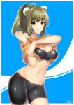  1girl :o arms_up bike_shorts black_bra black_shorts blush bow bra breasts bun_cover cleavage closed_mouth cowboy_shot double_bun eyebrows eyebrows_visible_through_hair green_bow green_eyes green_hair groin hair_bow hanpen_(hannpenn2) head_tilt large_breasts lifted_by_self lips looking_at_viewer midriff navel open_mouth original ponytail shiny shiny_clothes shirt shirt_lift short_hair short_sleeves shorts simple_background skin_tight smile solo sports_bra stomach two-tone_background underwear undressing walking yellow_shirt 