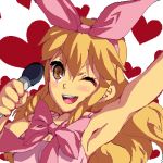 1girl ;d arm_up blonde_hair blush bow breasts brown_eyes calamity_jane dress drill_hair enoo hair_ribbon hairband heart heart_background holding_microphone long_hair lowres microphone oekaki one_eye_closed open_mouth pink_bow pink_ribbon ribbon sidelocks sleeveless smile solo upper_body wild_arms wild_arms_1 