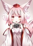  1girl animal_ears bangs blush camera daidai_ookami detached_sleeves eyebrows eyebrows_visible_through_hair fangs hat inubashiri_momiji looking_at_viewer open_mouth pom_pom_(clothes) red_eyes simple_background solo tail tokin_hat touhou upper_body white_hair wide_sleeves wolf_ears wolf_tail 