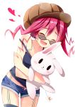  1girl :3 :d ^_^ akine_(kuroyuri) bare_arms bare_shoulders black-framed_glasses black_legwear blush brown_hat buttons closed_eyes collarbone copyright_name cowboy_shot crossed_arms denim denim_shorts eyebrows eyebrows_visible_through_hair grace_(sound_voltex) hat heart highres konami logo off_shoulder open_fly open_mouth pink_hair pom_pom_(clothes) short_hair short_shorts shorts simple_background sleeveless smile solo sound_voltex strap_slip stuffed_animal stuffed_bunny stuffed_toy sunglasses tank_top tattoo thigh-highs unbuttoned white_background 