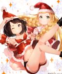  2girls black_eyes black_hair blonde_hair braid female_protagonist_(pokemon_sm) fur_trim green_eyes hat highres lillie_(pokemon) long_hair multiple_girls navel nicopipokemon one_eye_closed pokemon pokemon_(game) pokemon_sm red_hat red_shorts santa_costume santa_hat see-through short_hair shorts smile snowflakes twin_braids 