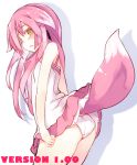 1girl animal_ears ass bare_shoulders blush dress haegiwa highres long_hair looking_at_viewer looking_back open_mouth original panties pink_hair simple_background sleeveless sleeveless_dress solo tail underwear white_background white_dress white_panties 
