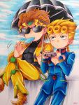  2boys binoculars bird birthmark blonde_hair blue_eyes blue_sky braid clouds crossed_legs dio_brando earrings father_and_son giorno_giovanna headband heart highres holding jewelry jojo_no_kimyou_na_bouken kameron knee_pads male_focus marker_(medium) motion_lines multiple_boys parasol pointy_shoes popsicle shoes signature single_braid sitting sky sunglasses traditional_media umbrella 