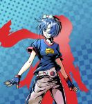 1girl belt blue_eyes blue_hair fingerless_gloves gloves goggles goggles_on_head hair_over_one_eye may_lee pants shirt short_hair silhouette small_breasts solo t-shirt tengai_gyouja the_king_of_fighters yin_yang 